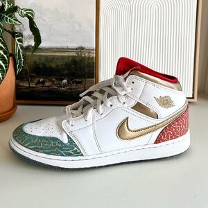 Nike Air Jordan 1 Mid UNC to Chicago Kid Exclusive Sneakers White Gold Red Blue